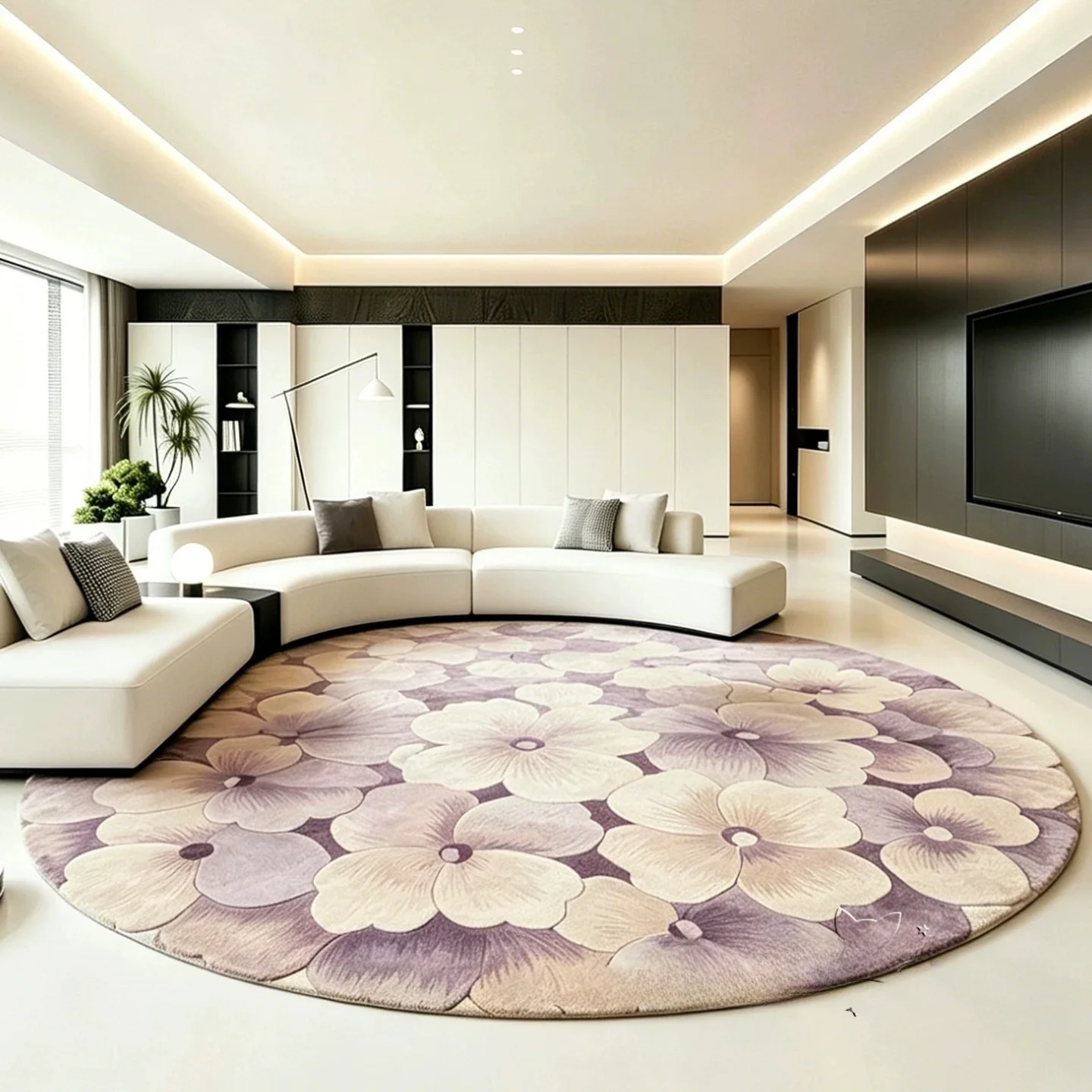 円形のシャギーラグをどう選ぶ？現代風のリビングに合う「粉紫色の花びら」が意外に人気な理由