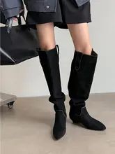 レディース ヴィンテージ風 膝下ロングブーツ【本革・幅広・ドレープデザイン・スリム効果・ポインテッドトゥ・スタイリッシュなライディングブーツ】