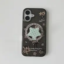 レディース用 折りたたみ式磁気スタンド付きスマホケース【ヒョウ柄・星デザイン・衝撃吸収対応】