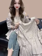 ストライプオフショルダー短袖シャツ【夏用・デザイン性高い・短丈・雪んこ生地】