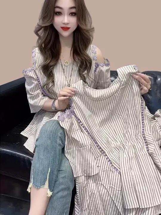 ストライプオフショルダー短袖シャツ【夏用・デザイン性高い・短丈・雪んこ生地】