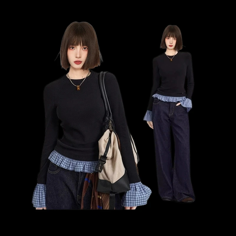 レディース ブラック長袖Tシャツ【ルック・ショート丈・スリムフィット】