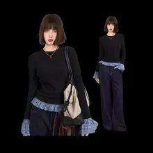 レディース ブラック長袖Tシャツ【ルック・ショート丈・スリムフィット】