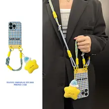 かわいい青いチェック柄の星形ぬいぐるみスタンドストラップ【スマートフォン用・ハンドストラップ付き】