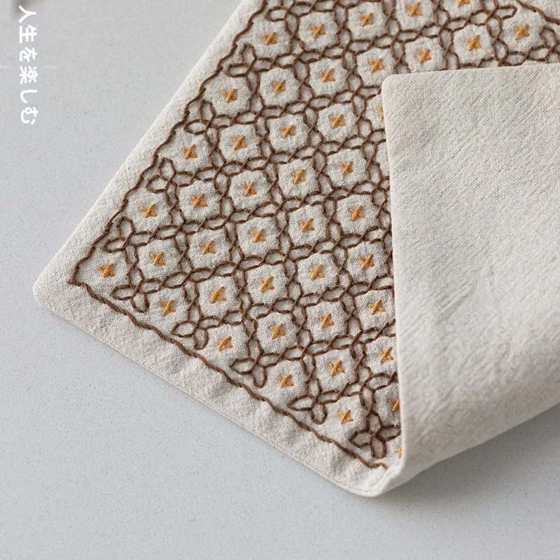 刺し子刺繍ティーセッティングキット：一人用十字模様で手軽に茶会アイテムを制作