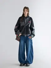 アメリカンヴィンテージ風 合皮デニムジャケット【秋冬用・ショート丈・バイカースタイル】