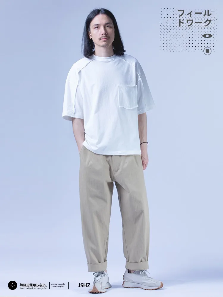 男士コットン短袖Tシャツ：毛  辺デザインとキルト加工が実現する日式ゆったりスタイル