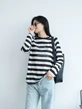 竹節綿のシンプルなレトロ風ロングスリーブTシャツ【ワイドストライプ・体型カバー】