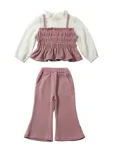 女児用シャツ風トップスとフレアパンツ【春のカジュアルファッション・デザイン性あり】（セットアップ対応）