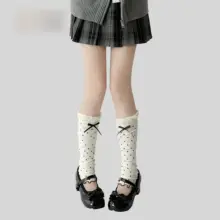 ヴィンテージモダン少女用ドットデザインのバレエリボン付き中筒ソックス【泡状フリル・レッグウォーマー】（セットアップ対応）