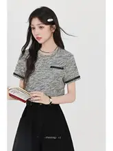 グレーの半袖ニットTシャツ【ラウンドネック・レディース・滑らかな肌触り】