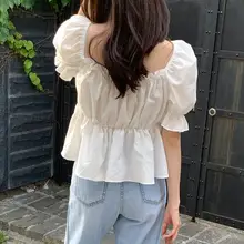 フランス風デザインの甘いリボン付きパフスリーブブラウス【小柄対応・フリル付き】（セットアップ対応）