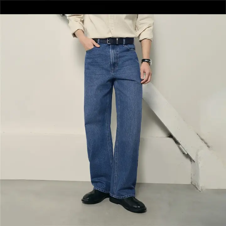 春夏用コットン製 メンズワイドストレートジーンズ【中腰・ルーズフィット】