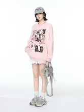 春秋用 プリント入りカジュアルスウェットシャツ【ピンク・ルーズフィット・クルーネック】