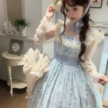 花壁柄シフォンプリントロリータワンピース【フリル袖・優雅デザイン】（セットアップ対応）