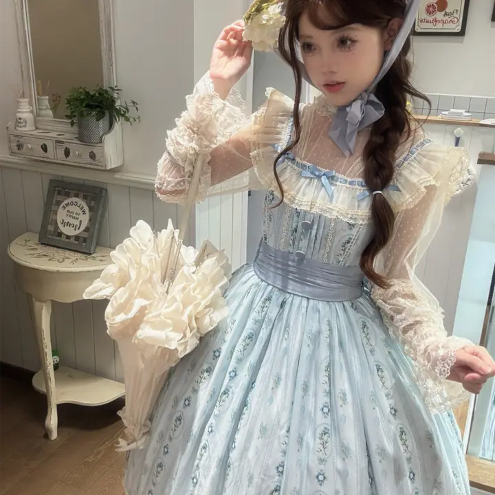 花壁柄シフォンプリントロリータワンピース【フリル袖・優雅デザイン】（セットアップ対応）