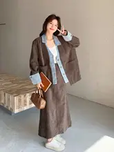 デニムパッチワーク風ジャケットとスカート【春季・女性用・韓国スタイル】（セットアップ対応）