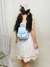 ミニリュック ガールズ 韓流 ブルーホワイトチェック柄 ギャザー 刺繍 ダブルポケット 手提げ ガーリー