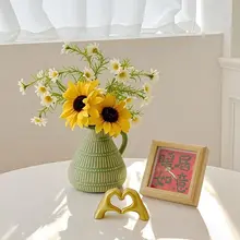 陶器製の花瓶【イミテーションのひまわり・インテリアデコレーション・リビング用・デスクトップ装飾】