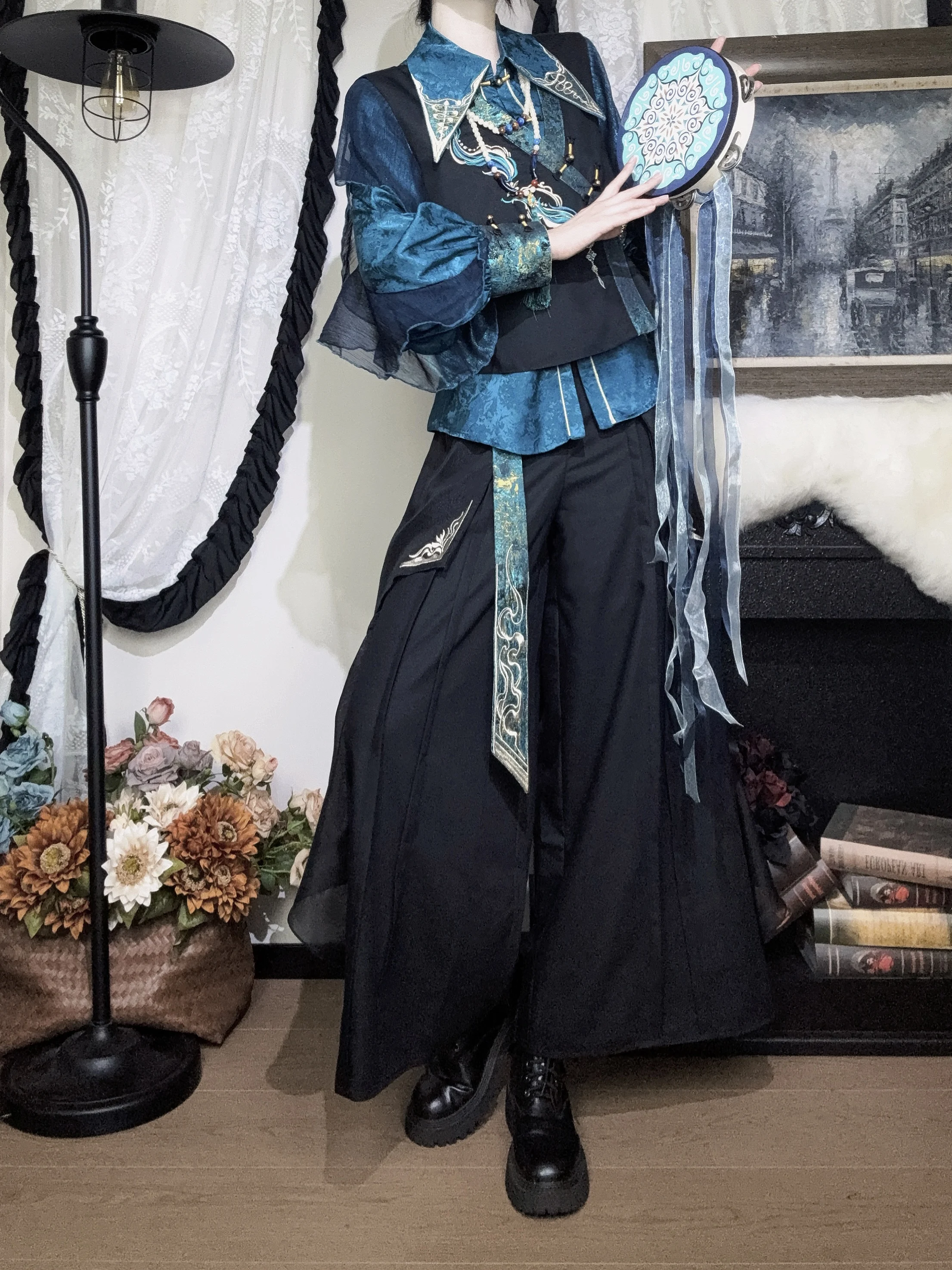 青鸾羽デザインの漢風上衣とベスト、パンツの組み合わせ：中国服通販で手に入る伝統と現代の融合