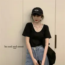 大きな首回りの夏用袖短Tシャツ【Uネック・セクシーな鎖骨見せ・モダール・ゆったり・カジュアル】