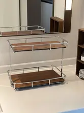ヴィンテージ風の胡桃木製デスク用二段収納ラック【洗面台・化粧品収納・ステンレス製】