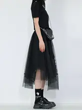 ハイウエスト不規則デザイン中長丈チュールスカート【Aライン・春夏用】