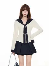 学院風辛口女子用ネイビー襟タンクトップとハイウエストAラインプリーツミニスカート（セットアップ対応）