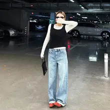 清涼感あふれる水洗い天絲コットンデニムパンツ【ストレート・ワイドレッグ・女性用】