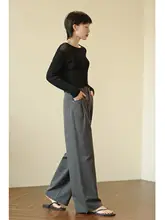 高腰でゆったりとしたデニム風の梨型体型カジュアルストレートパンツ【天絲と綿麻混合・秋用】（セットアップ対応）