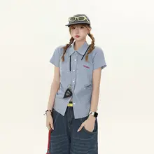 美式復古チェック刺繍入り半袖シャツ【ゆったりシルエット・カジュアル】