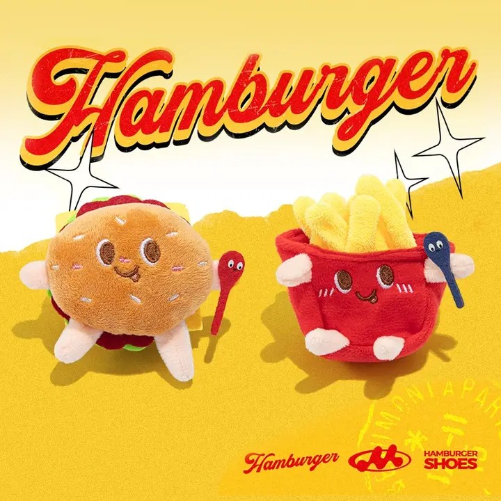 ハンバーガーとポテトのふわふわキャラクターぬいぐるみブローチ【可愛いデザイン・衣類やバッグのアクセサリーに最適】
