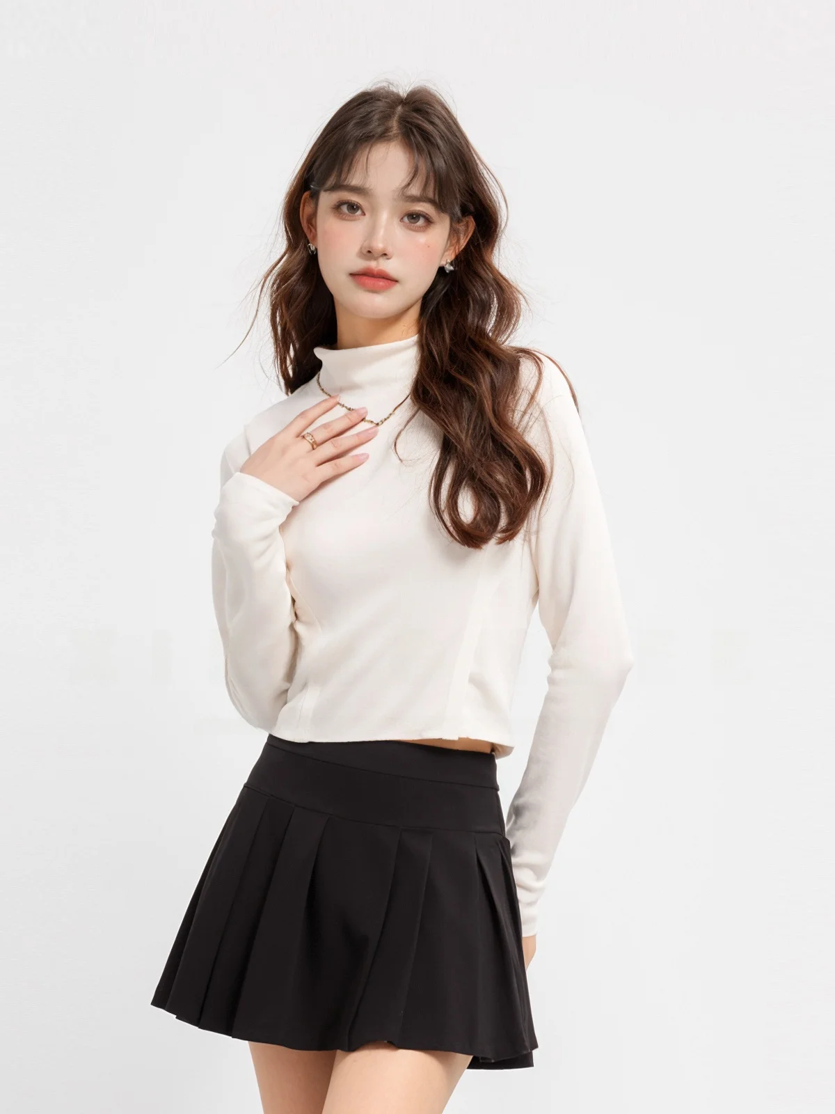 XinmonLee ハイネック フィット Tシャツ【秋冬用・短丈・魚骨ライン】
