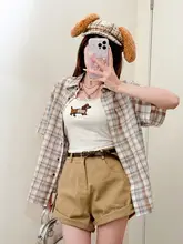 カジュアルなハイウエストカーキ色工装ショートパンツ【夏向け・コンパクトサイズ・レトロスタイル】