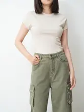 Vickyoung リブ編みドロップショルダー丸首Tシャツ【シンプル無地・春夏用・レディース】