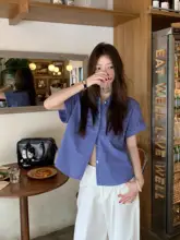ブルーのチェック柄半袖シャツ【フィット・翻領・ヴィンテージアメリカンスタイル】