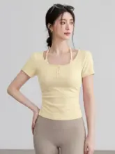 女性用 ヨガウェア風デザインのTシャツ【ブラ付き・大きめネック・フィットネス用】（セットアップ対応）