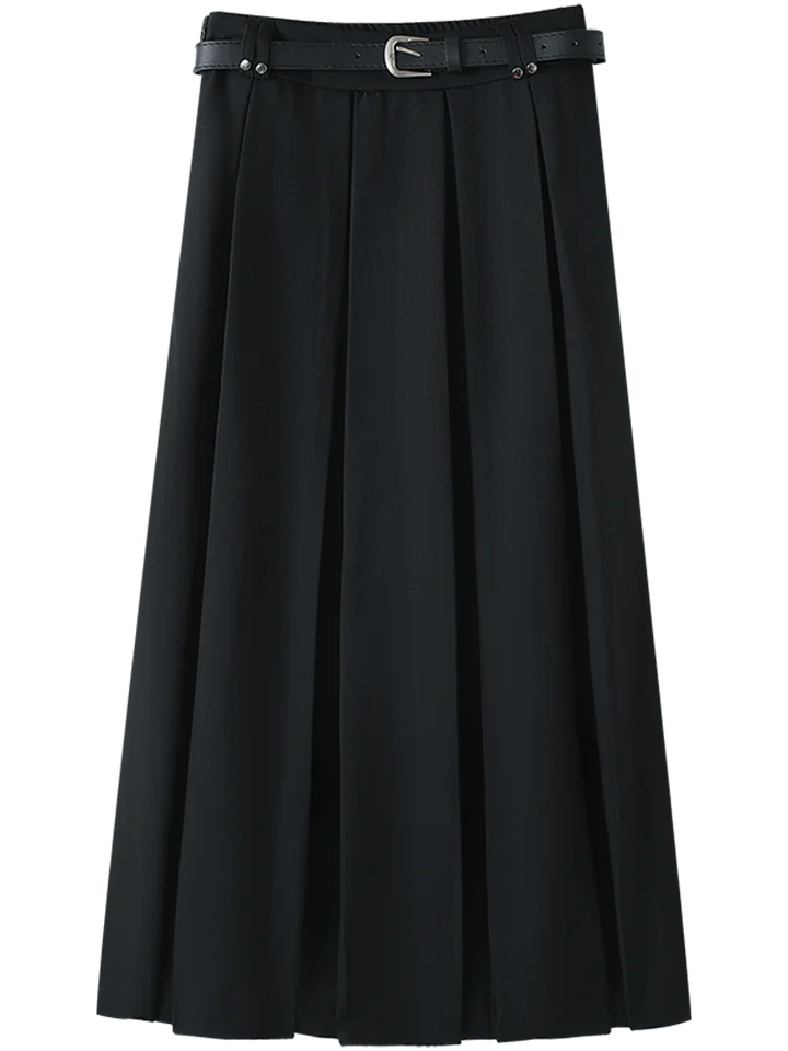 フランス風プリーツスカート【高腰・ブラック・中長丈・Aライン】