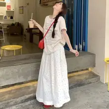 白色ドット柄ハイウエストAラインスカート【ロング・カジュアル】（セットアップ対応）