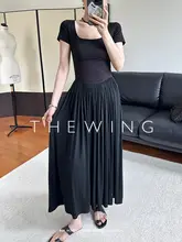 THEWING ブラックショートスリーブUネックドレス【ウエストシェイプ・ロングスカート・シンプルブラック】
