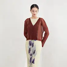 透かし編みVネック長袖カーディガン【薄手・夏用・ドレープデザイン】（セットアップ対応）