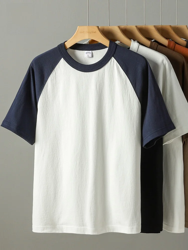 アメリカンレトロ風 ラグラン袖 コットン短袖Tシャツ【夏用・ゆったり・カラーブロックデザイン・通気性】