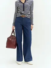 MsDidion 竹節模様の高腰ストレートデニムパンツ【秋用・コットンブレンド・ミディアムフィット】