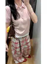 アメリカンレトロチェック柄カジュアルパンツ【ゆったりしたフィット・春夏用・レディース】