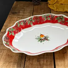 クリスマスデザインの陶製不規則型フルーツプレート【深皿・アメリカンスタイル・サラダやデザート用 】