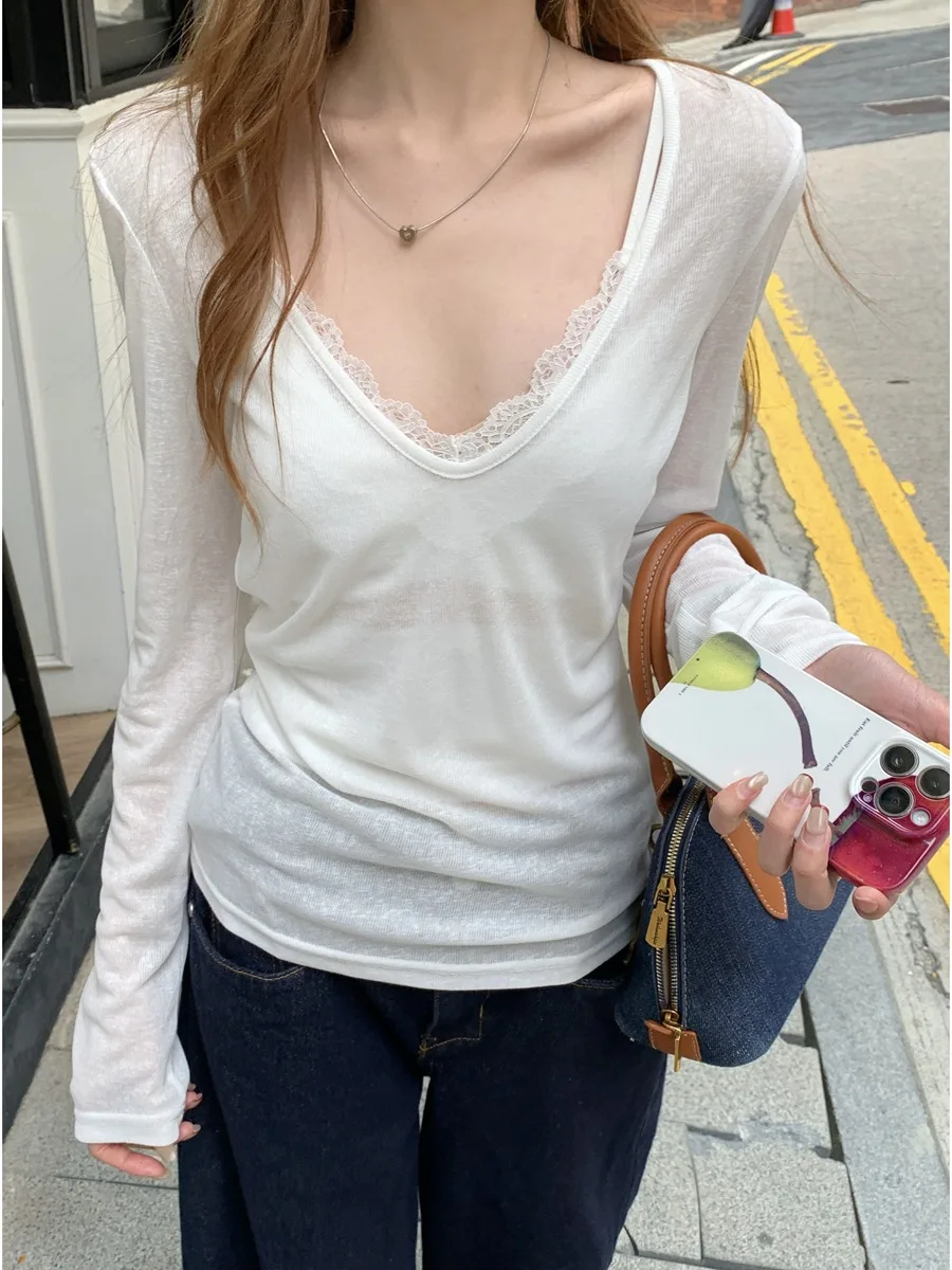 グリーンVネックレース切り替え長袖Tシャツ【夏用・ゆったり・薄手】