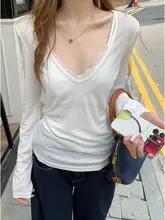 グリーンVネックレース切り替え長袖Tシャツ【夏用・ゆったり・薄手】