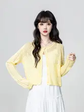 黄色のラウンドネックニットカーディガン【春夏用・薄手・レースデザイン・ショート丈】