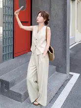2点セット レディース ベスト ワイドパンツ 韓国風 ハンドメイドボタン おしゃれ きれいめ 上品 知的 夏