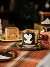 手作りアニマルデザインの陶器コーヒーカップ＆ソーサー【可愛いキャラクター・釉下彩】（セットアップ対応）
